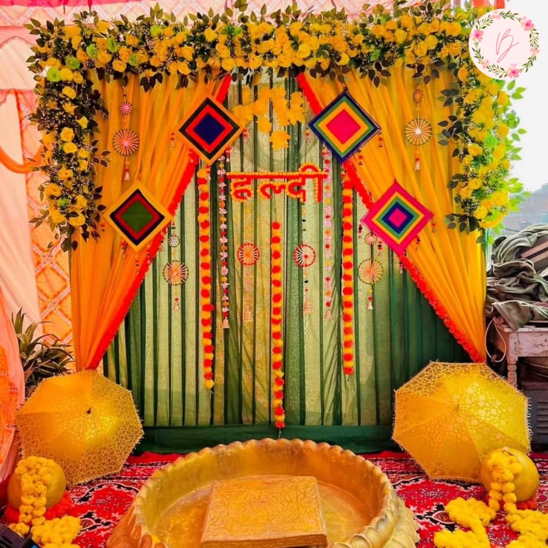 Traditional Haldi Stage with Umbrellas